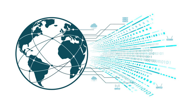 Global Digital Network Connection: Earth Globe with Binary Data Stream