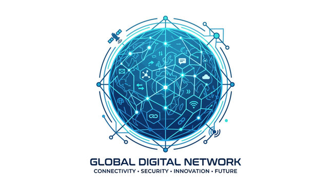 Global Digital Network Globe with Connectivity Icons and Futuristic Lines
