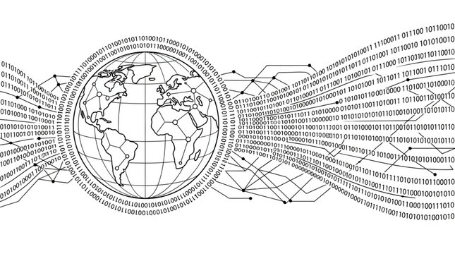 Global Digital Network: Earth Globe with Binary Code Data Flow and Connections