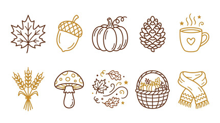 Collection of autumn-themed line art icons featuring fall elements like leaves, pumpkins, acorns, and cozy items. © Rra Terra