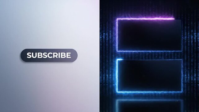 Subscribe button and neon purple streaming frame overlays for video production and live broadcasting.