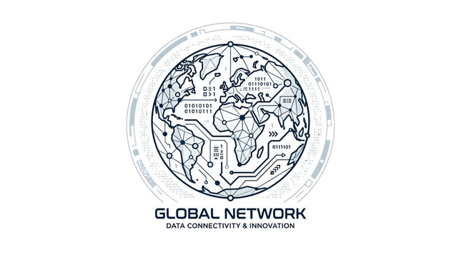 Global Network Connection: Digital World Map with Binary Code and Circuitry