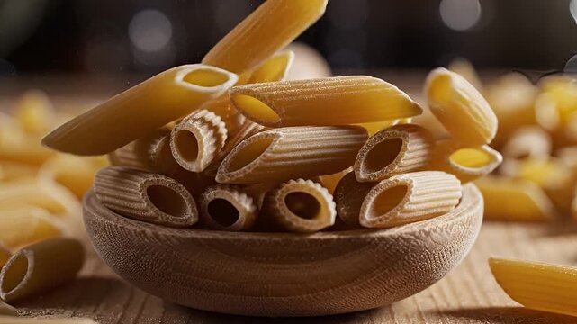 Closeup of Dry Penne Pasta Falling into a Wooden Bowl.