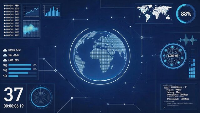 Futuristic global data network dashboard interface, world map connection, big data analytics visualization, cyber security monitoring system, digital technology background with