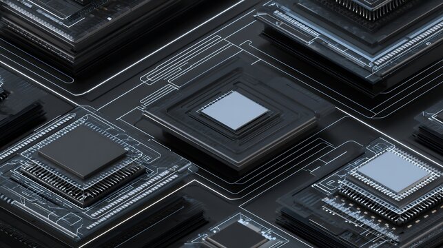 High-tech dark motherboard with glowing blue microchips and cpu processors, 3d render for artificial intelligence and computing.