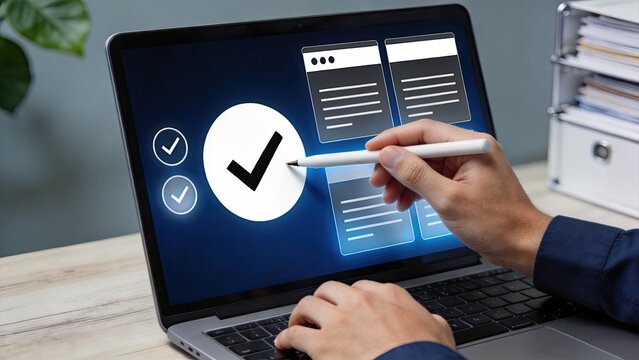 Hand holding stylus pen checking documents and checklist on laptop display screen, approval verification process concept, digital signature authorization, business administration