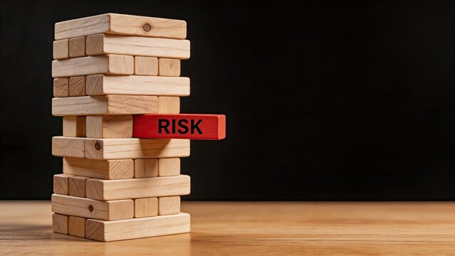Wooden blocks tower with red risk block, business crisis management concept, financial stability challenge, strategic planning danger zone, corporate threat analysis and