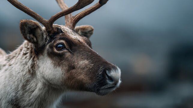 Close-up of a majestic reindeer with impressive antlers in a moody natural landscape