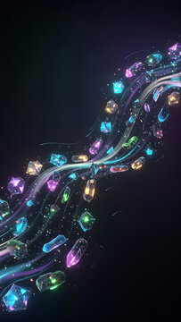 Abstract Flow Of Colorful Glowing Gemstones And Crystals Floating In A Dark Space With Light Trails
