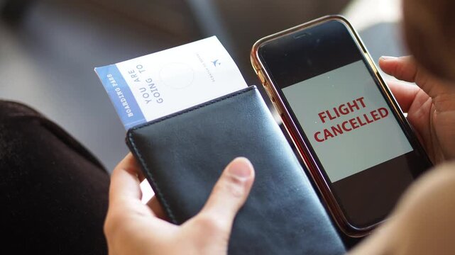 Flight cancellation notice at the airport with boarding pass