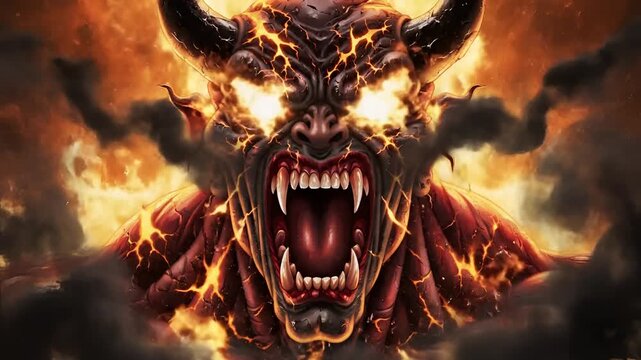 Fierce Demon Face with Glowing Eyes and Fiery Aura.