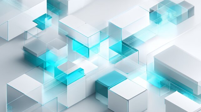 Futuristic abstract 3d background with white blocks and glowing transparent teal glass cubes connected by digital network lines.