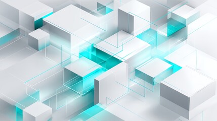 Obraz premium Abstract technological 3d render featuring overlapping white geometric blocks and transparent glowing cyan glass architectural elements.
