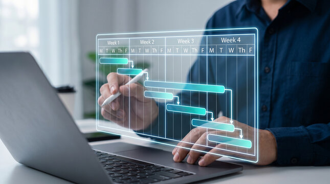 Holographic Gantt Chart Floats Above Laptop to Schedule Weekly Tasks, Assign Project Milestones, Track Deadline Progress, and Coordinate Team Activities, Focusing on Resource Management