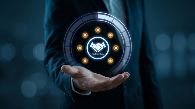 Holographic Partnership Badge Glows in Executive Hand to Represent Business Alliances, Showcase Collaboration, Symbolize Trust Agreements, and Build Strategic Networks, Focusing on 