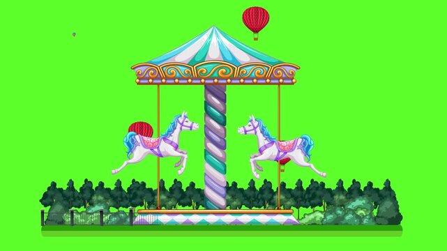 Animated Carousel with Horses and Hot Air Balloons on Green Screen