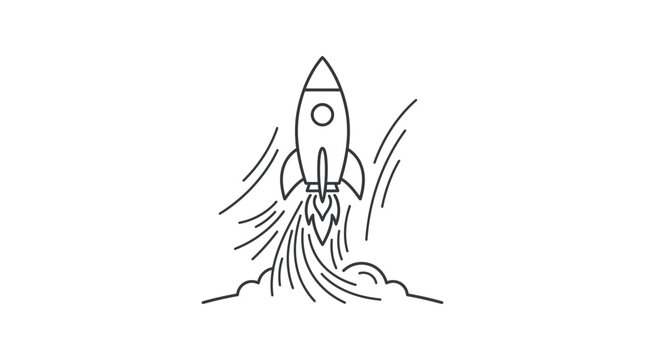 A rocket ship blasts off into space with flames and smoke.