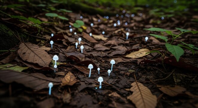 Glow of Bioluminescent Fungi on Forest Floor