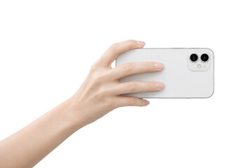 Fototapeta premium Hand Holding White Smartphone Against Black
