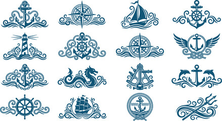 Nautical Marine Emblem Set with Anchor, Compass, Lighthouse, Ship, Wheel, Trident, and Sea Dragon for Ocean Themed Designs © MdImran