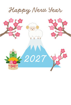 2027年未年の年賀状テンプレート。羊、かわいい、縁起物、ベクター、富士山