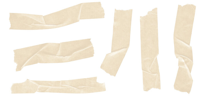 Crumpled masking tape strips set, beige adhesive paper tape pieces with wrinkled texture, realistic sticky tape collection on white background