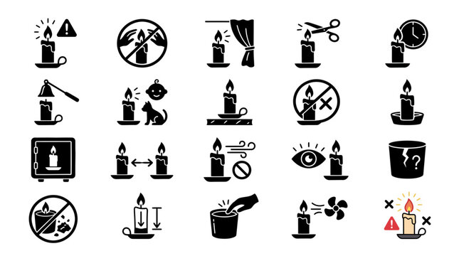 Avoid Fire Hazards Essential Candle Safety Tips and Usage Warnings Icon Set