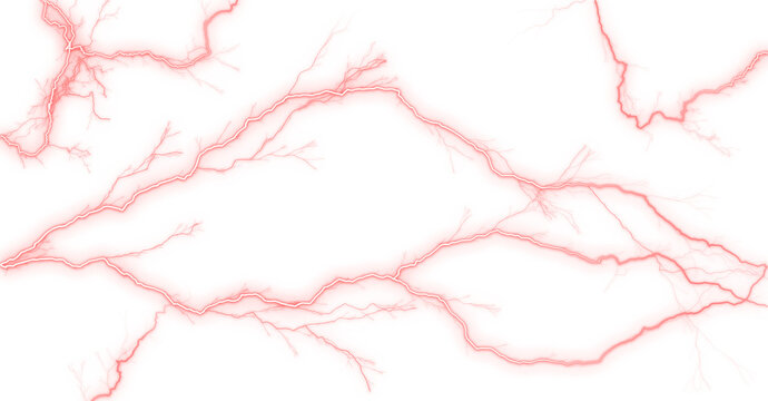 Red lightning bolt pattern on white background, electric discharge strike texture, abstract glowing energy veins for graphic design