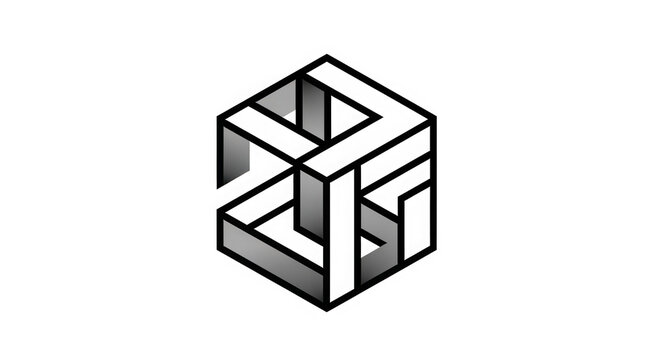 Black and white impossible cube optical illusion geometric icon isolated on transparent background