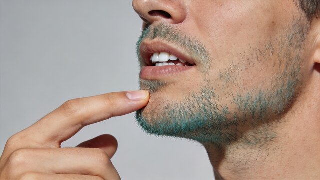 Close up portrait of man touching his chin with finger, thinking or pondering concept, facial hair stubble beard detail, pensive expression