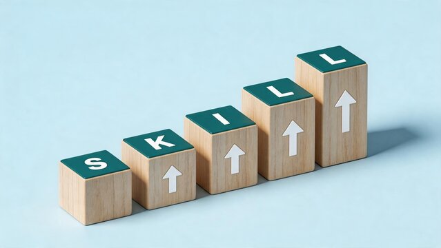Wooden blocks spelling skill with upward arrows, representing career growth, professional development, education, learning new abilities and climbing the ladder to success in