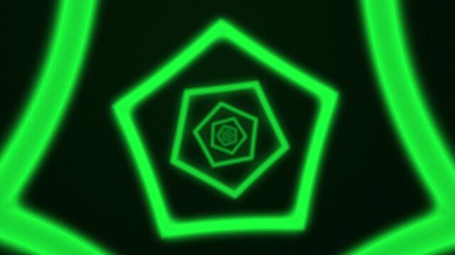 Neon green pentagon tunnel motion background glowing geometry abstract shapes