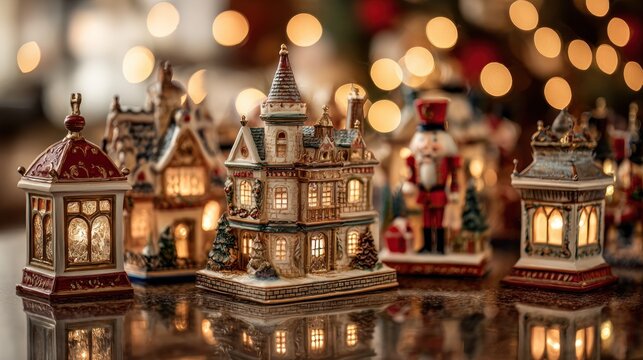Festive Christmas Village Scene with Illuminated Miniature Buildings and Nutcracker Figurine