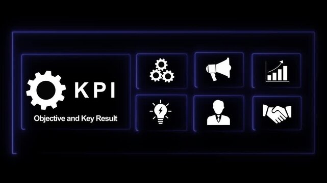 Kpi objective and key result infographic animation featuring corporate growth strategic management symbols, data analytics visualization, and business success metrics for executive reports