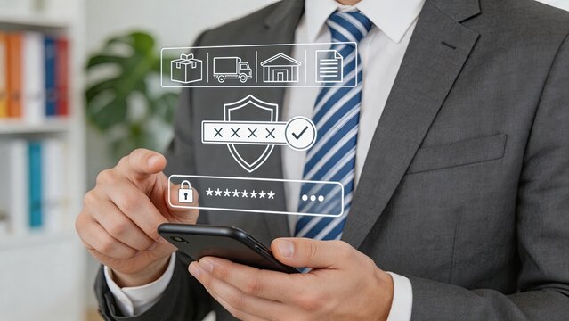 Man in suit using smartphone with digital security overlay, password entry, data protection shield, e-commerce icons, secure login authentication, and cyber safety technology