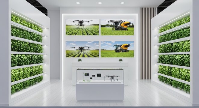 A modern exhibition booth showcasing agricultural technology with vertical plant displays and screens showing farming drones and machinery.