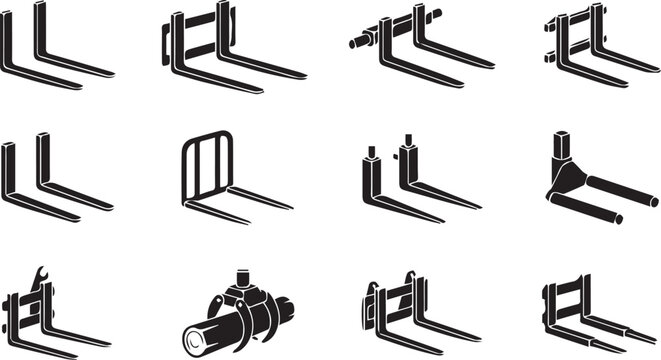 Industrial lifting forks and forklift attachments vector icon grid