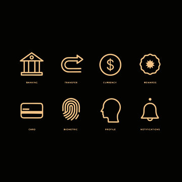 Golden finance icons, banking symbols, payment signs, 8 editable vector graphics