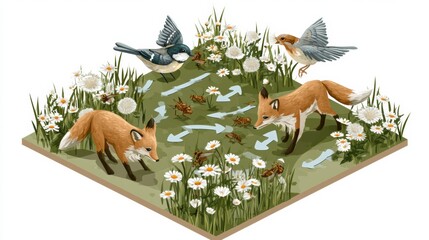 Fototapeta premium Ecosystem displays grass, insects, birds, and foxes connected by feeding arrows in a meadow setting to illustrate ecological relationships.