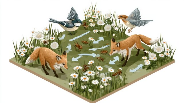 Ecosystem displays grass, insects, birds, and foxes connected by feeding arrows in a meadow setting to illustrate ecological relationships.