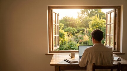 Man working on laptop at wooden desk by open window with sunlit garden view © Tetiana