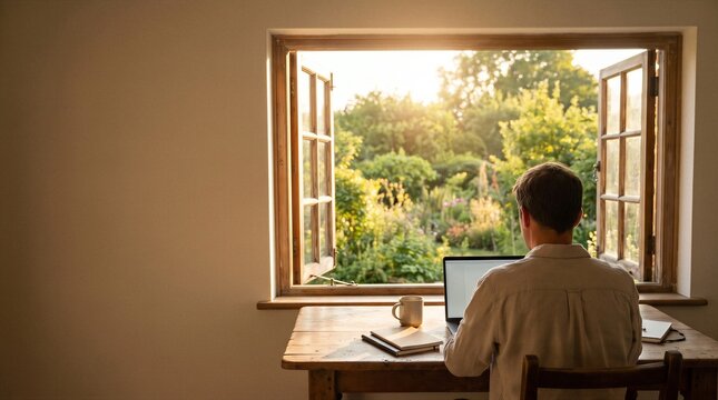 Man working on laptop at wooden desk by open window with sunlit garden view