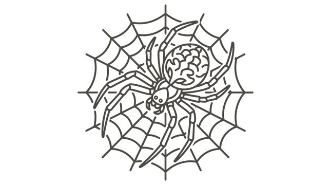 Detailed spider on a circular spiderweb line art illustration.