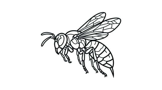 Flying hornet insect line art illustration on white background.