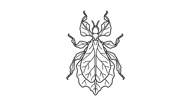 Leaf insect top view line art drawing.