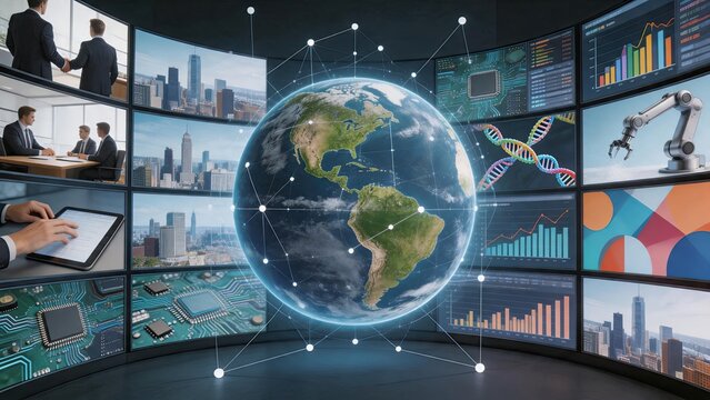 Futuristic control room with multiple screens displaying global network, earth globe, data charts and technology icons representing big data and connectivity.