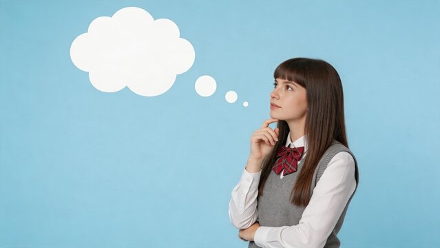 Schoolgirl thinking with blank thought bubble, education concept, student daydreaming, imagination, creativity, brainstorming, learning process, childhood memories, school life,