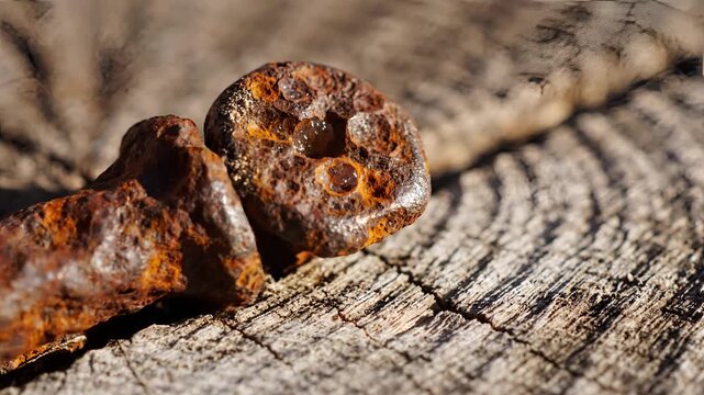 Close up of a rusty nail embedded in weathered wood texture.