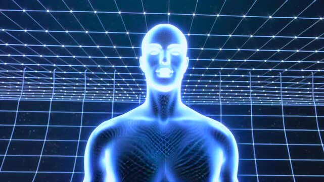 digital human figure standing inside virtual grid chamber, centered in geometric simulation space with wireframe depth, representing body mapping, system control, analytics and immersion
