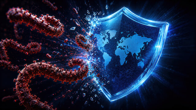 Ebola virus, global health security. Cyber security shield digital global map protection cyber attack defense concept